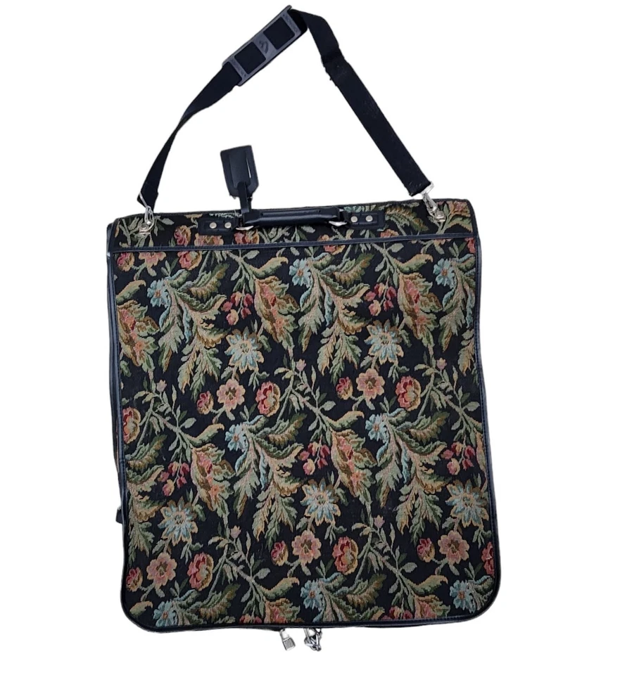 Antiga bolsa de vestuário Jordache azul floral tapeçaria alça de ombro nome etiqueta trava 2 chaves - Imagem 2 de 4