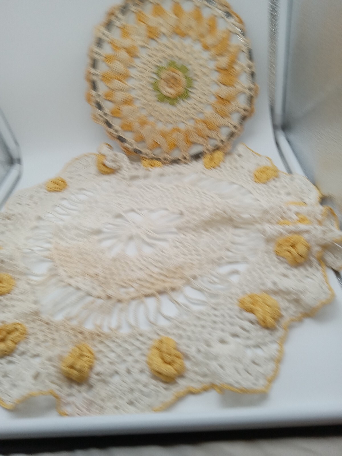 2 Vtg Doilies Yellow Rose/Yellow Edge 18in Tabletop 9in Trivet/Wall Handmade