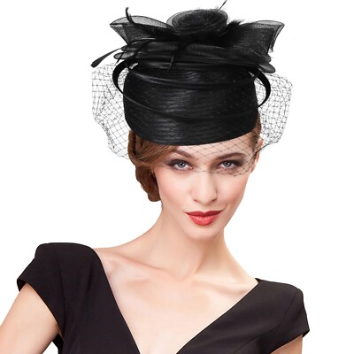 Black Fascinator Church Hat Cocktail Tea Party Dress Hats Women With Veil  Flower | eBay