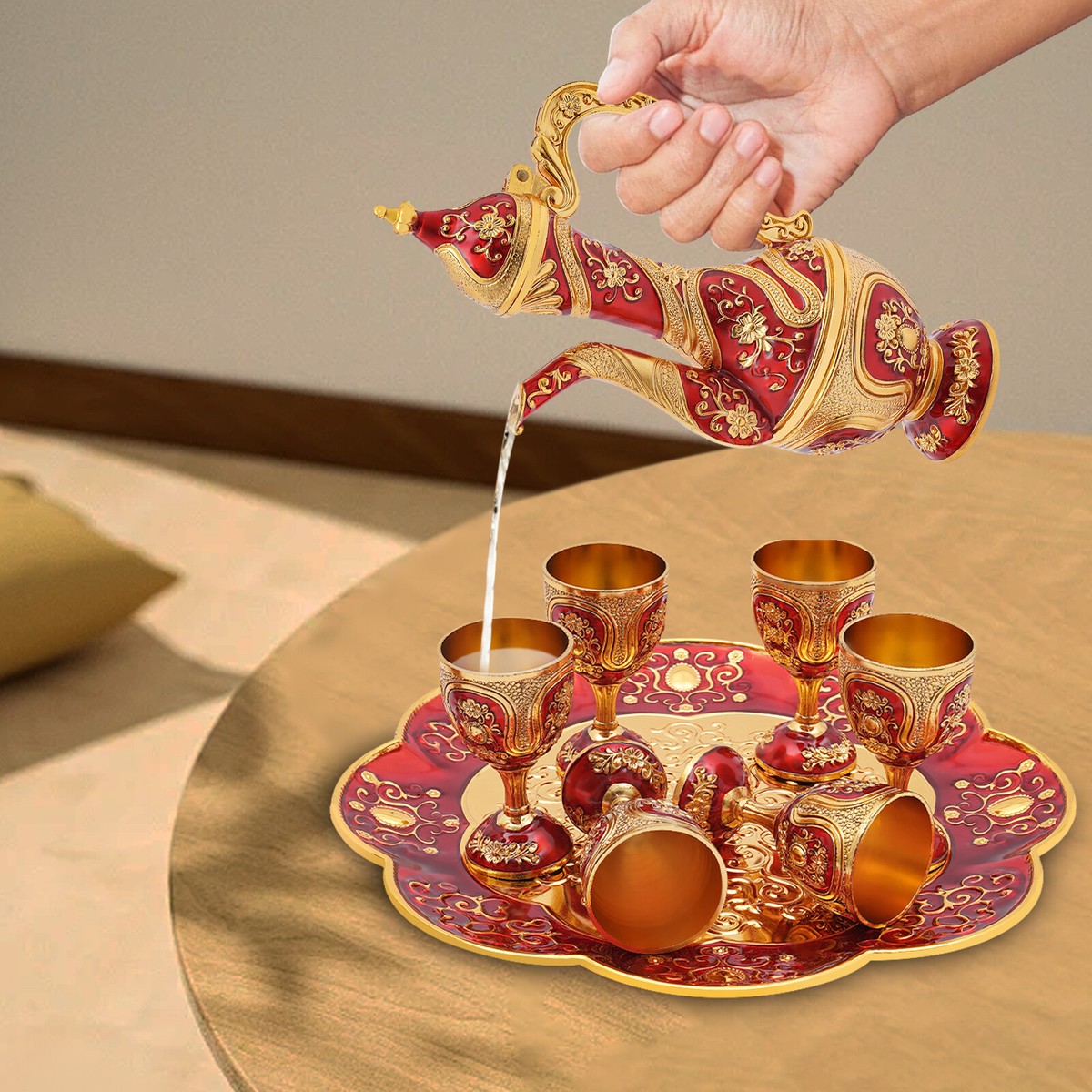 Turkish Tea Set, Vintage Turkish Teapot Set with 6 Coffee Cup and