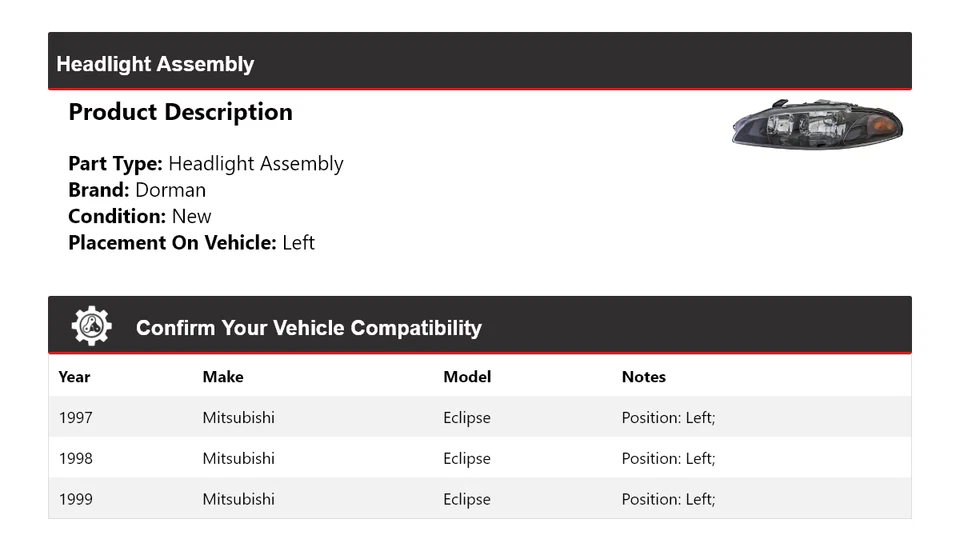 Левая фара в сборе 1998 для Mitsubishi Eclipse Dorman 1997-1999 годов выпуска - Изображение 2 из 4