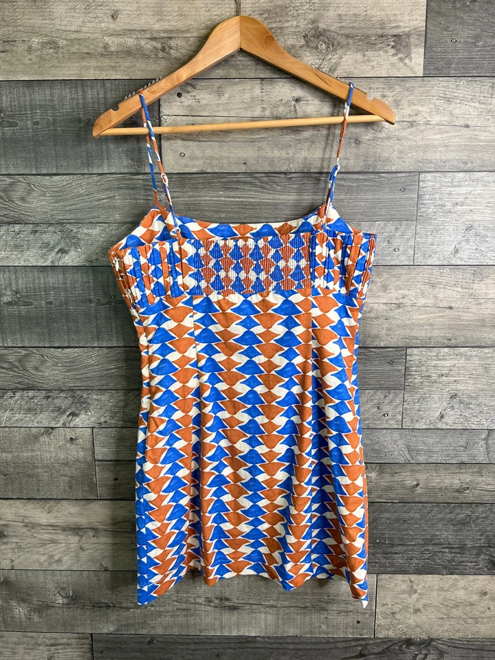 Mini Vestido Anthropoogie Maeve Talla UK 12 Azul The Ofelia Correa Geométrica de Lino Foto 2 de 4