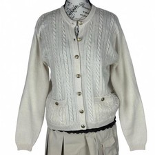 Vintage 80s Ivory Cardigan Sweater Nordic Gold Buttons Preppy Cableknit