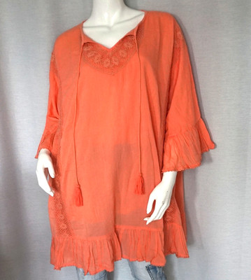 Hippie Oversized Tunika Boho Vintage Bluse Terrakotta Orange 38,40,42,44,46 Neu