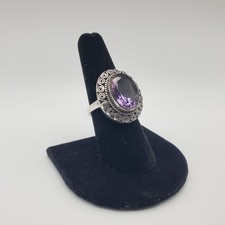 925 Sterling Silver Scroll Purple Amethyst Gemstone Vintage Ring Size 8