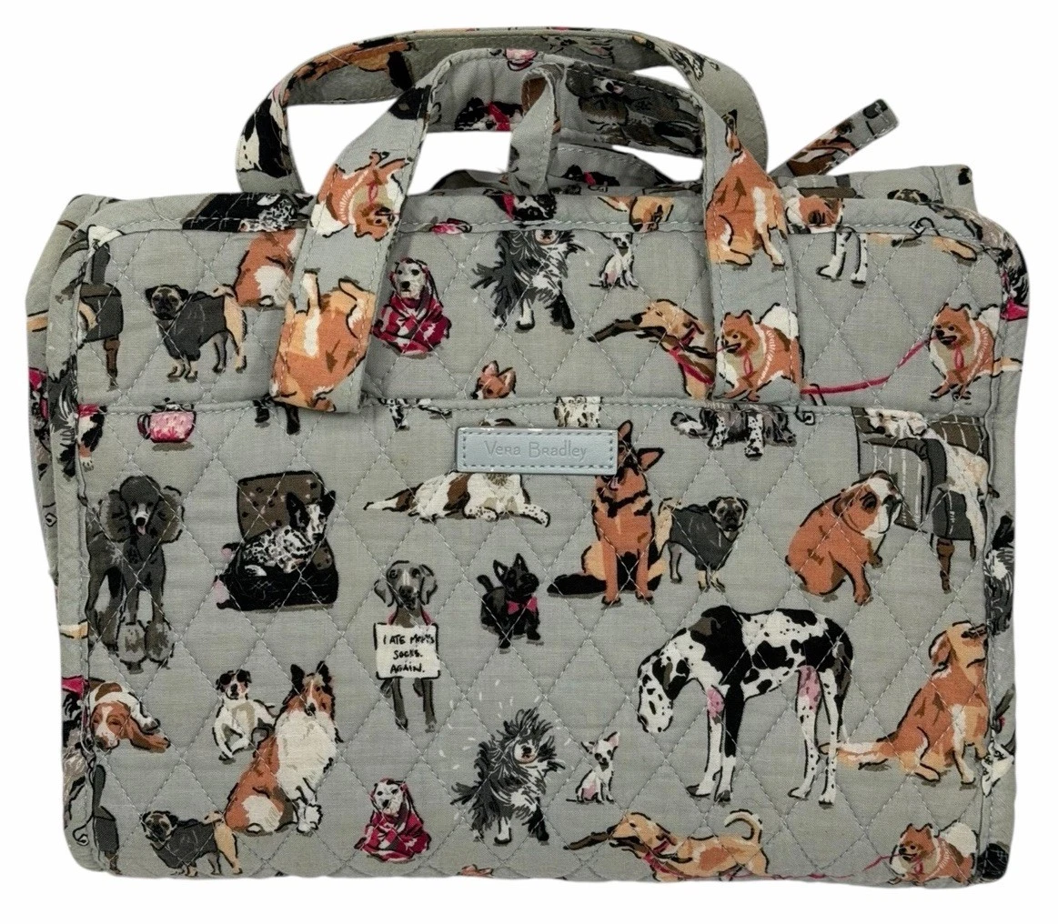 Vera Bradley Dog Show Hanging Travel Cosmetic Organizer Tie Closure Gray Cotton