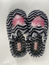 Barbie Women's Zebra Print Glitter Heart Plush Faux Fur Slippers Size Large 8/9