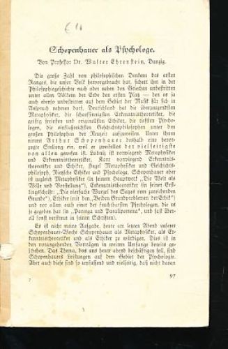 Schopenhauer als Psychologe. Ehrenstein, Walter: - Bild 1 von 1