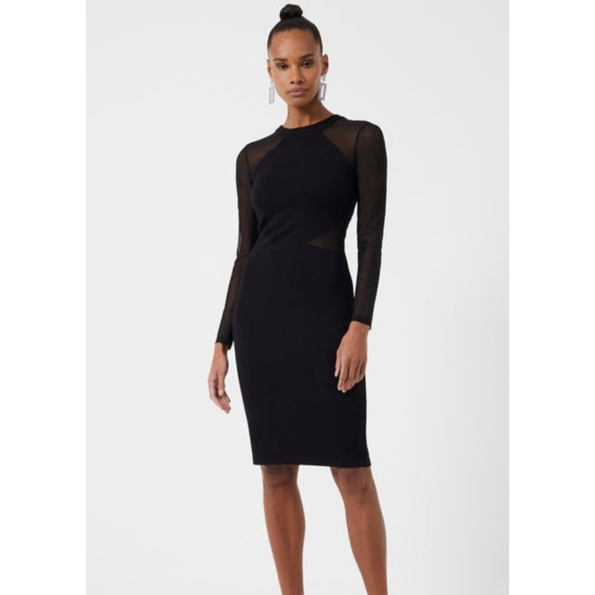 French Connection Black Sheer Mesh Long Sleeve Bodycon Cocktail Party Dress