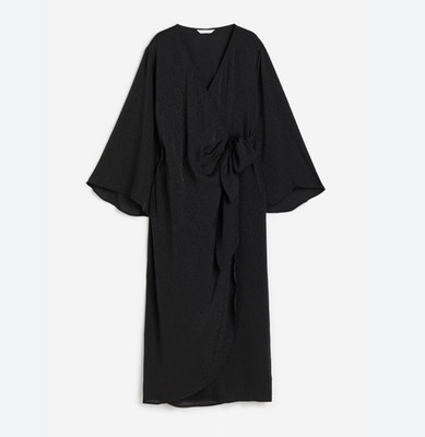H&M Women's Black Jacquard Weave Wrap Dress Kimono Sleeves Size M Cocktail