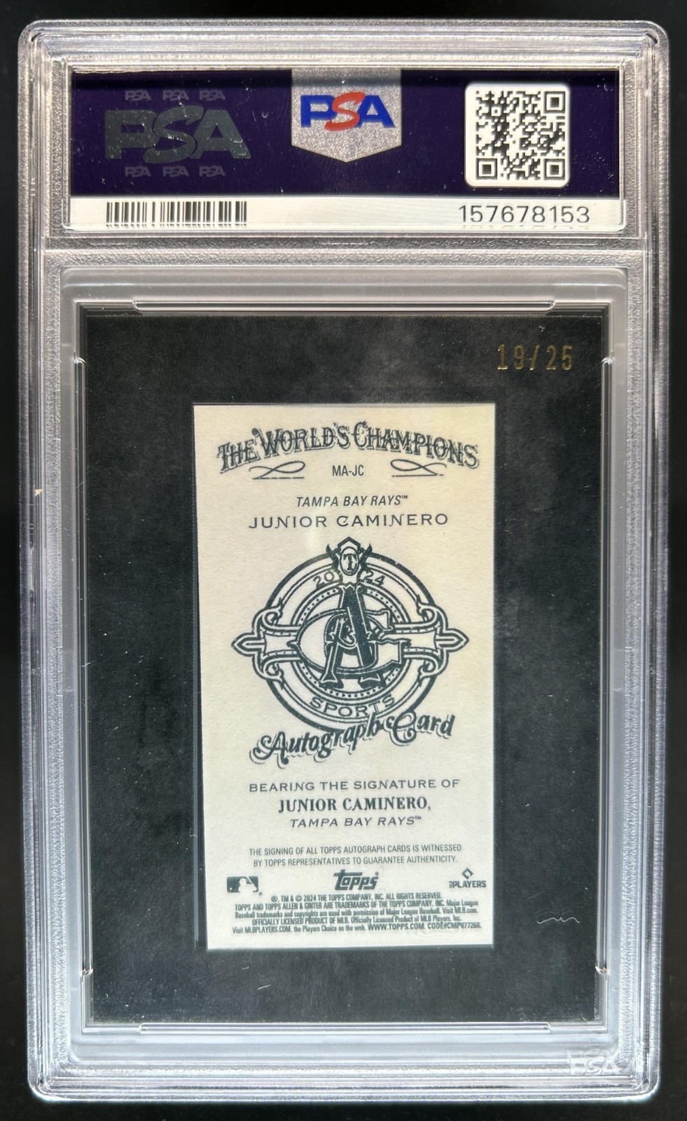 2024 Allen & Ginter Junior Caminero Mini Baseball Auto Black Frame RC #/25 PSA 8 view 2