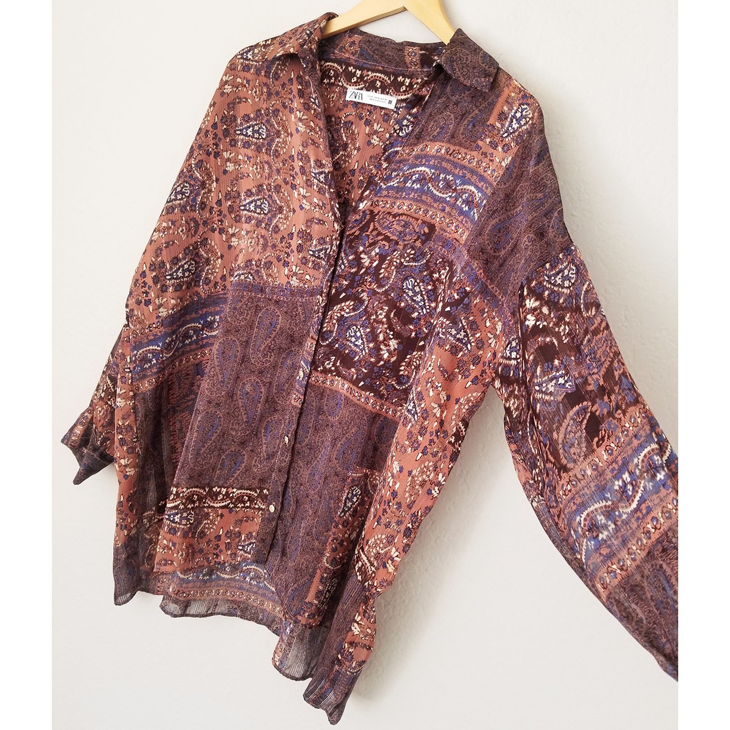 Zara Patchwork Shirt Blouse Top M Oversized Paisley Boho Brown Semi Sheer Collar image 4