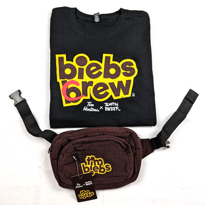 Tim Hortons Justin Bieber Lot Bundle Tim Biebs Crew Collector T-Shirt Fanny Pack