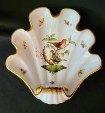 Herend Rothschild Bird  Large Shell-shaped Decorative Dish Bowl 9" Flawless