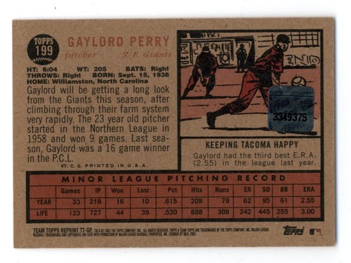 2002 Topps Team Legends Reprint #199 - 1962 Rookie Gaylord Perry Autograph - Picture 2 of 2