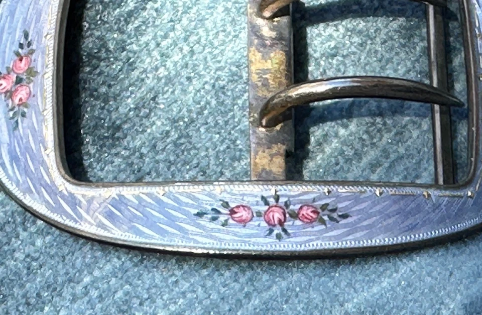 HERMOSA hebilla de cinturón esmaltada guilloche de plata 925 vintage, rosas pintadas a mano. Foto 2 de 4