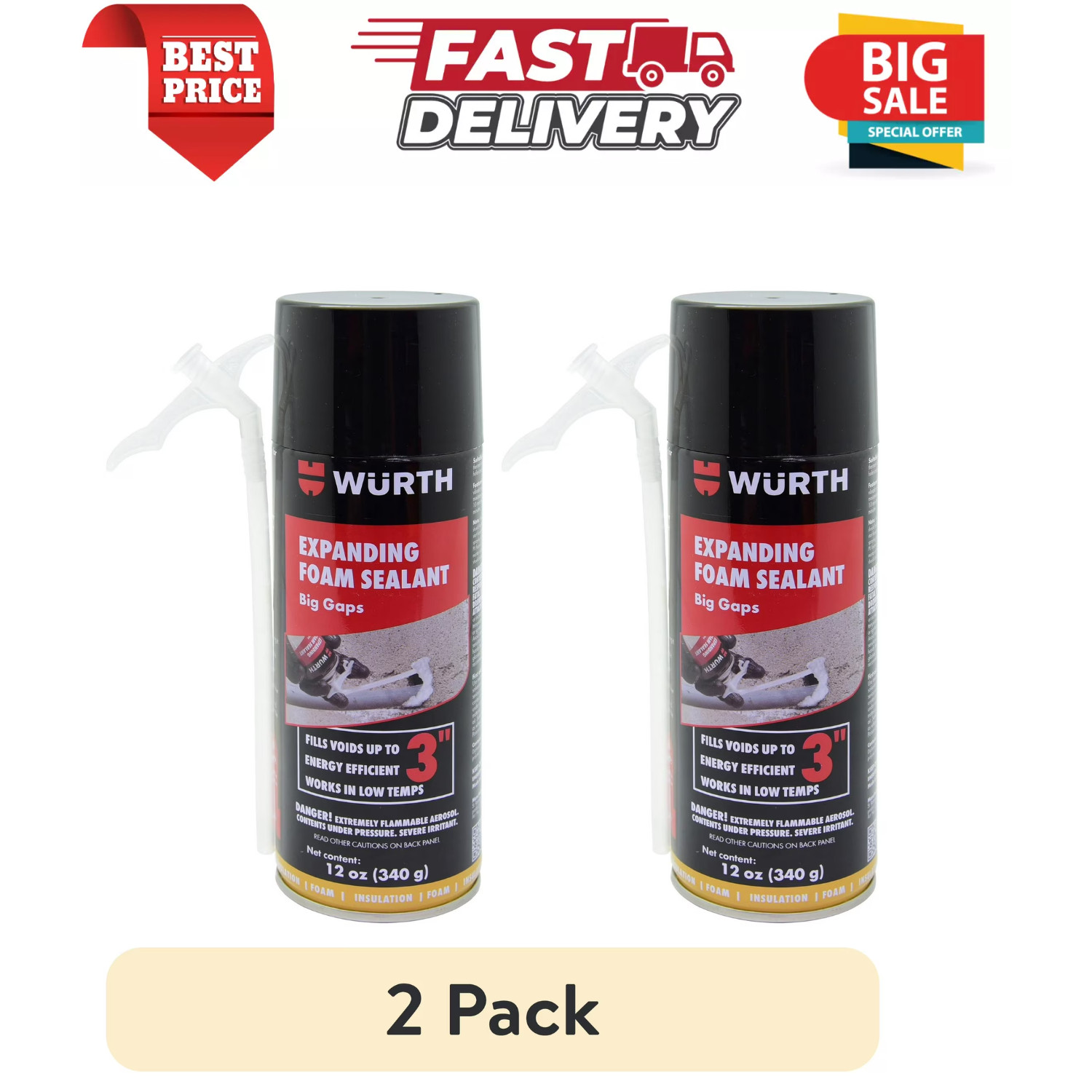 (2 Pack) Big Gaps Expanding Insulating Spray Foam Sealant, up to 3-in, 12oz Can