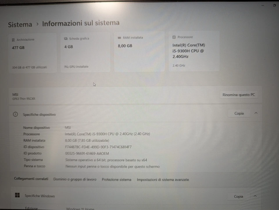 MSI GF63 Thin 9SCXR-441IT 15,6" FHD Intel I5-9300H 8GB RAM Nvidia GTX 1650Max-Q - Immagine 2 di 4