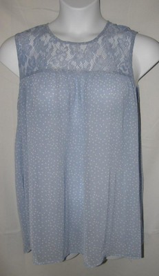 SUZANNE BETRO Blue Polka Dot Sz Large Semi Sheer Lace Shoulder Sleeveless Shirt