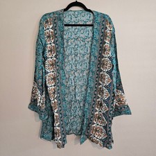 Bohemian Open Front Kimono Cardigan Floral Teal Summer Boho Hippie Beach Medium