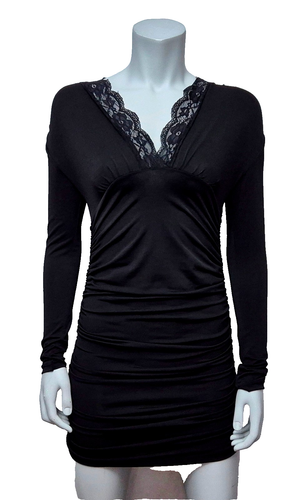 TILLE Donna Piacevole Lungo Nero Elasticizzato Pullover Abito IN Pizzo Taglia S