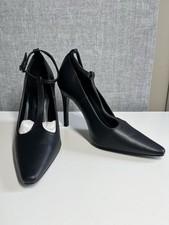 NEXT Black Pointed Toe Heels UK 8 Wide Fit Court Shoes Ankle Strap Stiletto