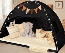 Twin Size Bed Tent Canopy, Kids Play Tent with Flags & Star Lights, Canopy on Be