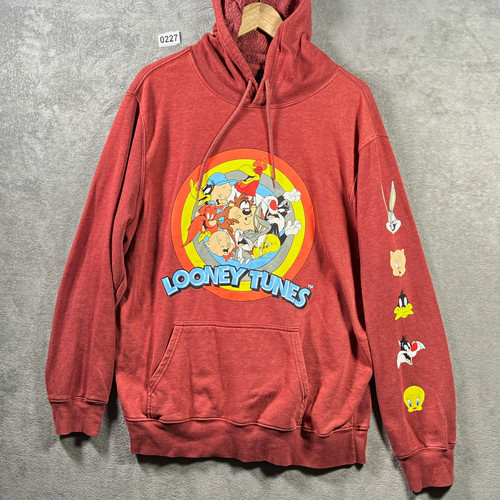Looney Tunes Red Pullover Hoodie Fleece Graphic Print Pockets Men’s XL