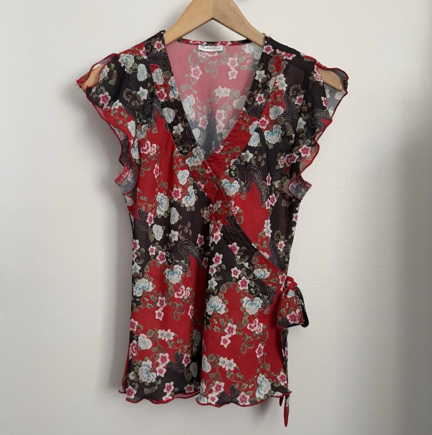 Y2K Charlotte Russe Wrap Tied Babydoll Top Black Red Floral Asian Print Fairy