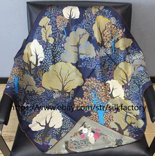 Green tree Print Pure 18 Momme Twill Silk Wrap Scarf 90X90cm Shawl Double Face 