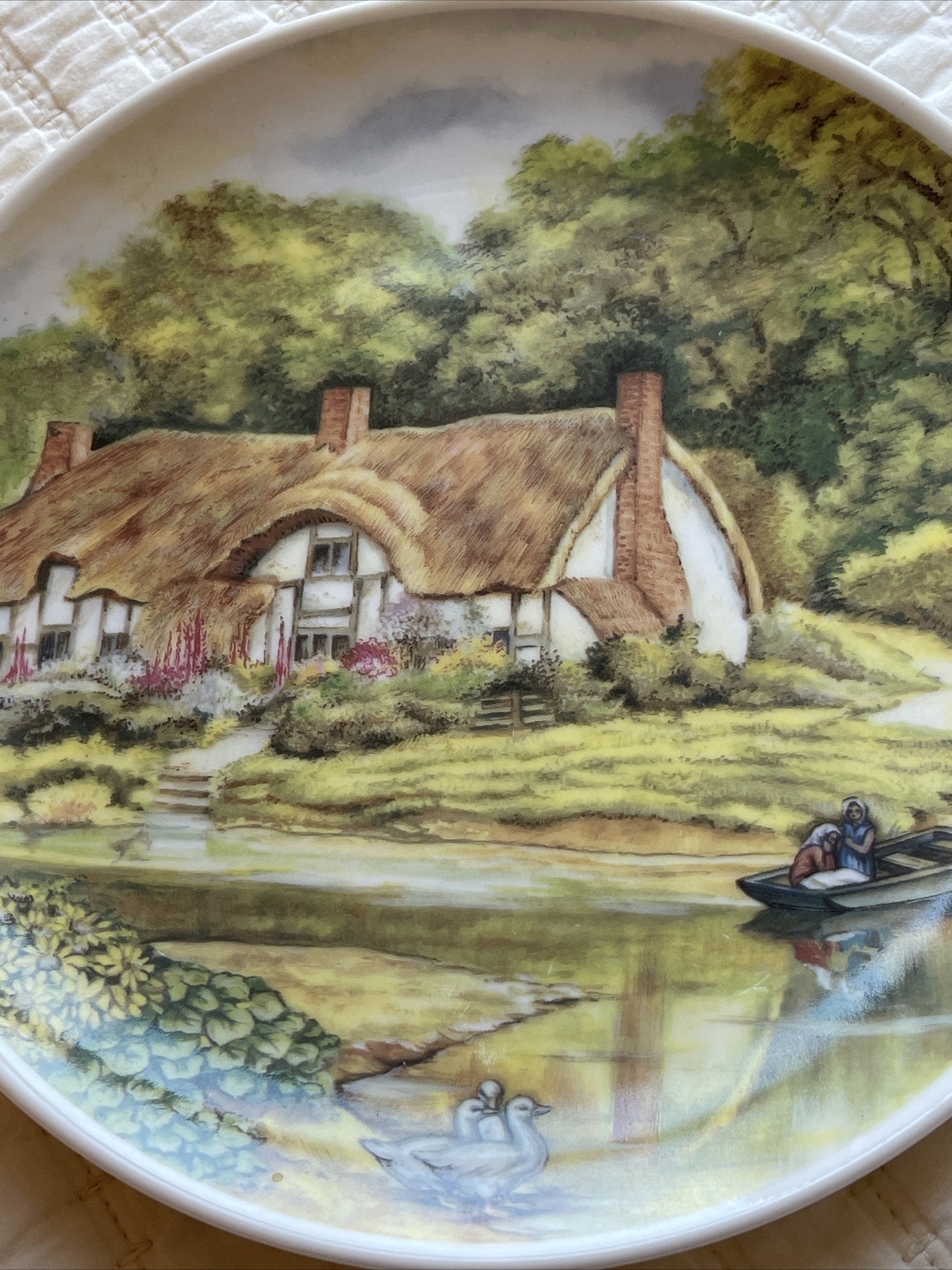 Cottage Core Decor Plate Bassin Water Ladies in Boat Ducks Thatched Roof