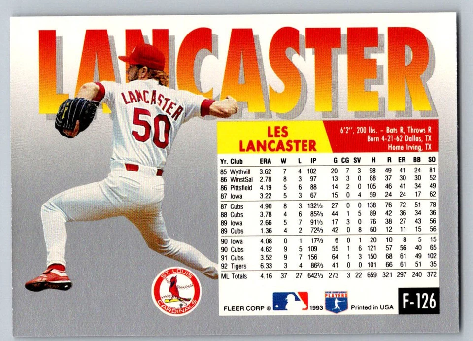 1993 Fleer Final Edition # F-126 - Les Lancaster - St. Louis Cardinals - Image 2 of 2