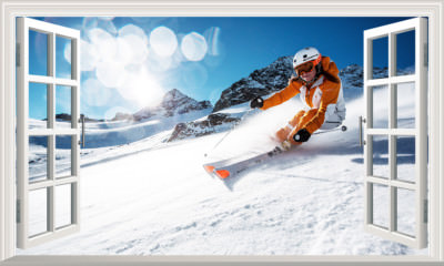 Skifahren Magisch Fenster Wandbild Selbstklebend Aufkleber Abziehbild Großdruck Poster 3D