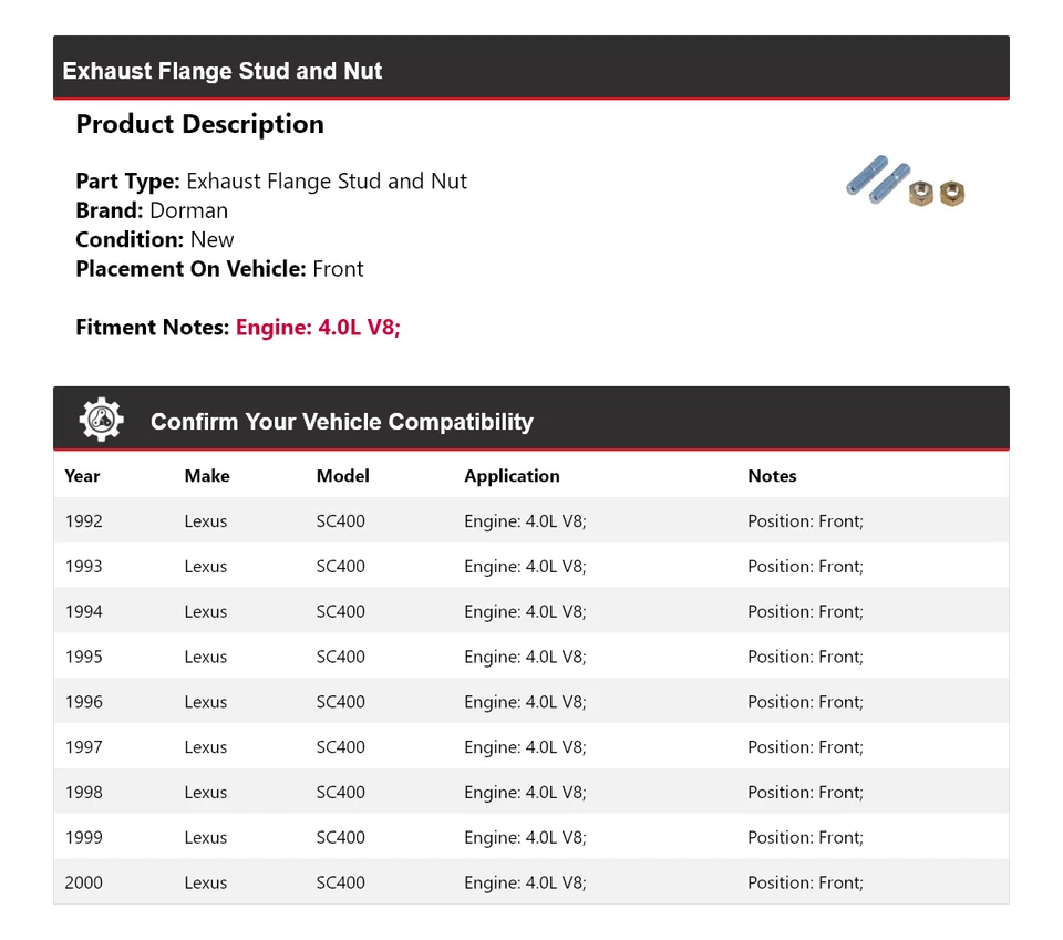 Para Lexus SC400 1992-2000 4,0 L V8 Dorman brida de escape perno y tuerca delantera 1993 Foto 2 de 3