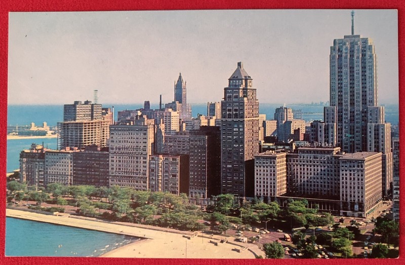 50's Vtg Postcard-Aerial View Drake Hotel-Lake Michigan-Chicago IL-kept Pristine