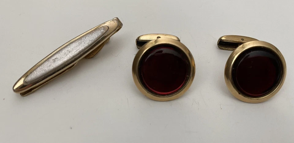 Vintage HICKOK Red Ruby 1/40 10K RGP Gold Cuff Links + SWANK Tie Clip - Image 2 of 4