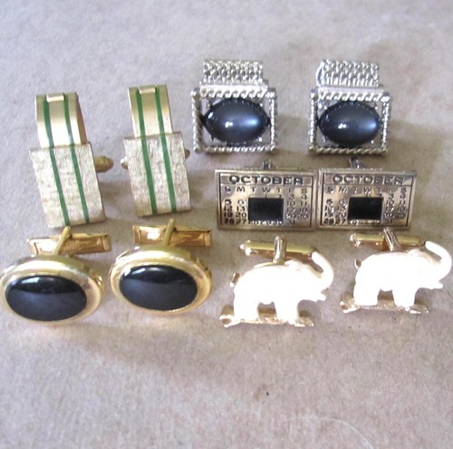 FABULOUS VINTAGE LOT OF CUFFLINKS 5 PAIR ONYX ELEPHANT BUCKLE BACK - Picture 2 of 4