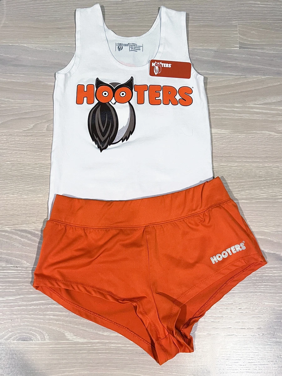 HOOTERS Girl Uniform Set TANK TOP New Style Skimpy BOOTY SHORTS NAME TAG  Size XS