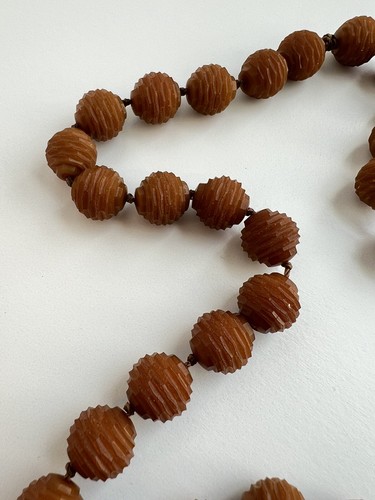Rare Vintage Carved Galalith or Casein Bead Necklace Butterscotch Amber Color - Picture 9 of 18
