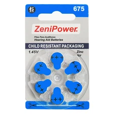 ZeniPower Size 675 1.45V Mercury-Free Zinc Air Hearing Aid Battery (6 Pack)