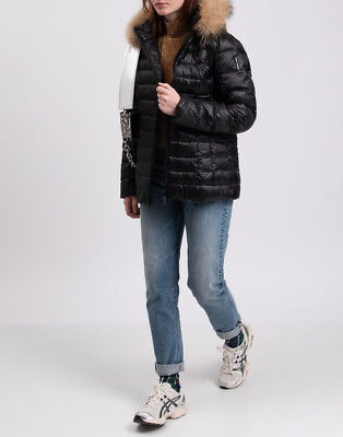RRP  240 BOMBOOGIE Down Quilted Jacket Size 3 / L Detachable Raccoon Fur Trim 