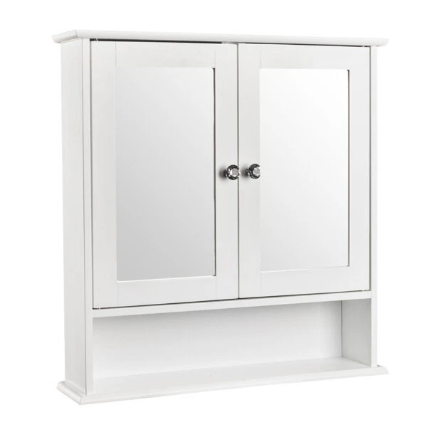 White Double Door Wall Mirror Cabinet with Shelf for Bathroom-image