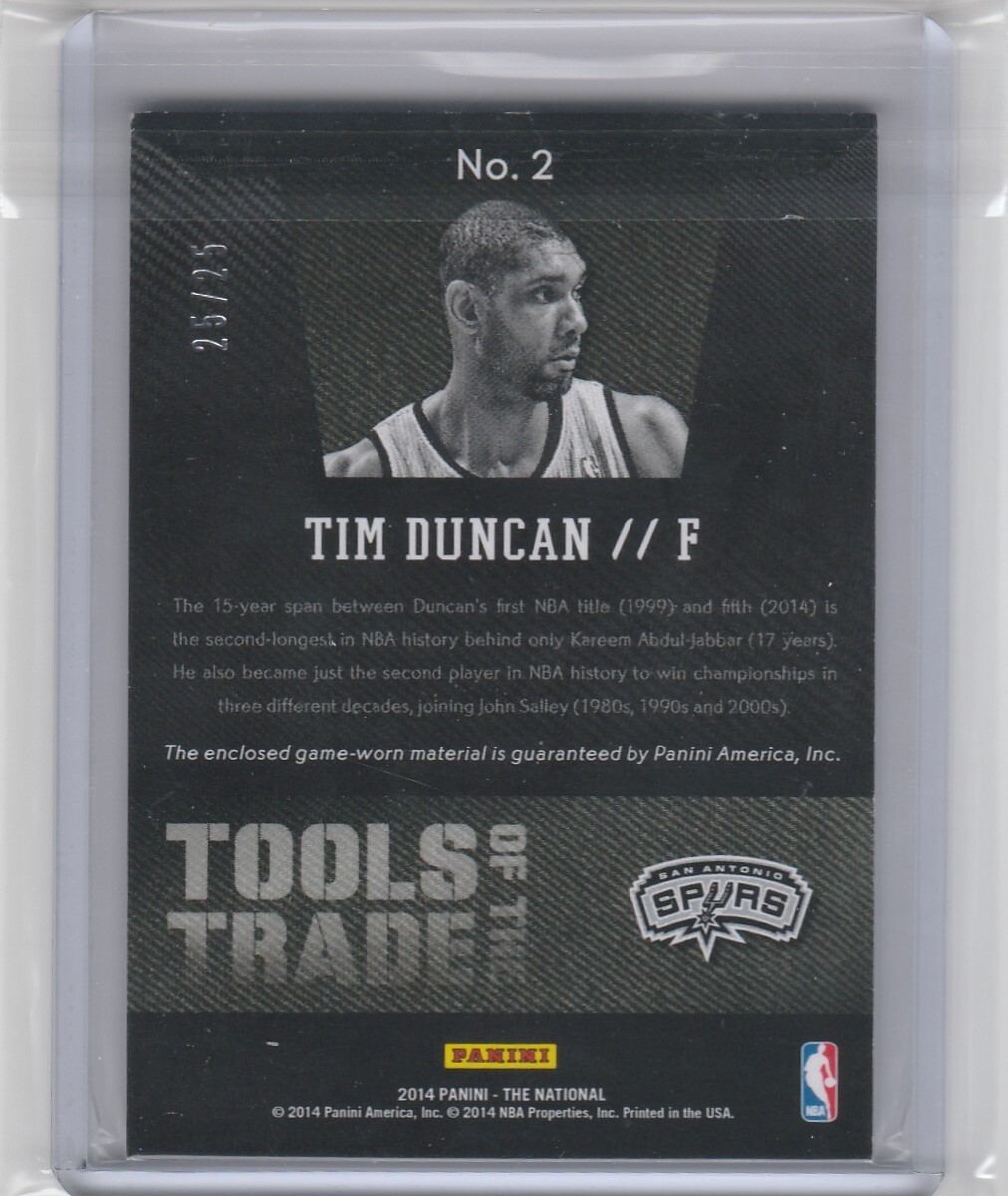 TIM DUNCAN 2014 PANINI NATIONAL TOOLS OF THE TRADE GAME USED JERSEY #'D 25/25 view 2