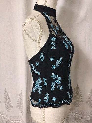 Cache Size 6 Vintage Blue Beaded Lace Black Halter Top Women's High Neck Sheer - Picture 8 of 19