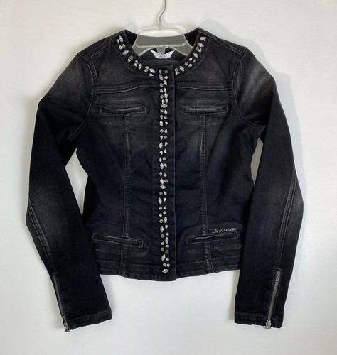 Liu Jo Jeans Women Faux Pockets Zipper Crystals Black Washed Denim Jacket  Small | eBay