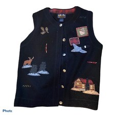 Woolrich Wool Vest Womens M Black Holiday Christmas Cabin Goose Patchwork Medium