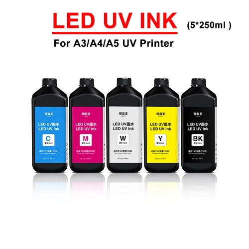 5 Bottles 250ML UV INK Refill For A3 A4 A5 UV Printer Colorful CMYKW Neutral Ink