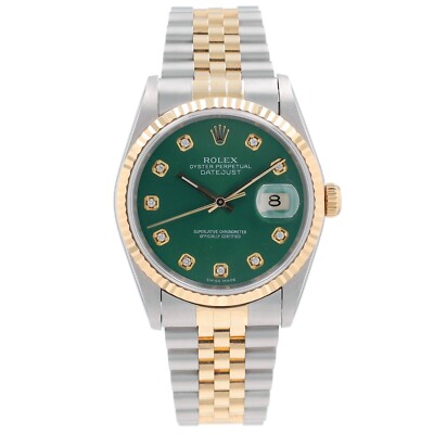 Rolex Datejust Two-Tone 16233 18KY & SS Green Diamond Dial Fluted Jubilee Watch
