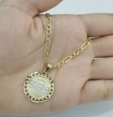 Sale 10K Yellow Gold Last Supper Jesus Figaro 22' Chain Medallion Pendant  Charm