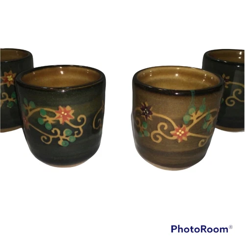 VINTAGE Stoneware Saki Cups Handleless Mugs Brown Floral Design Set of 4